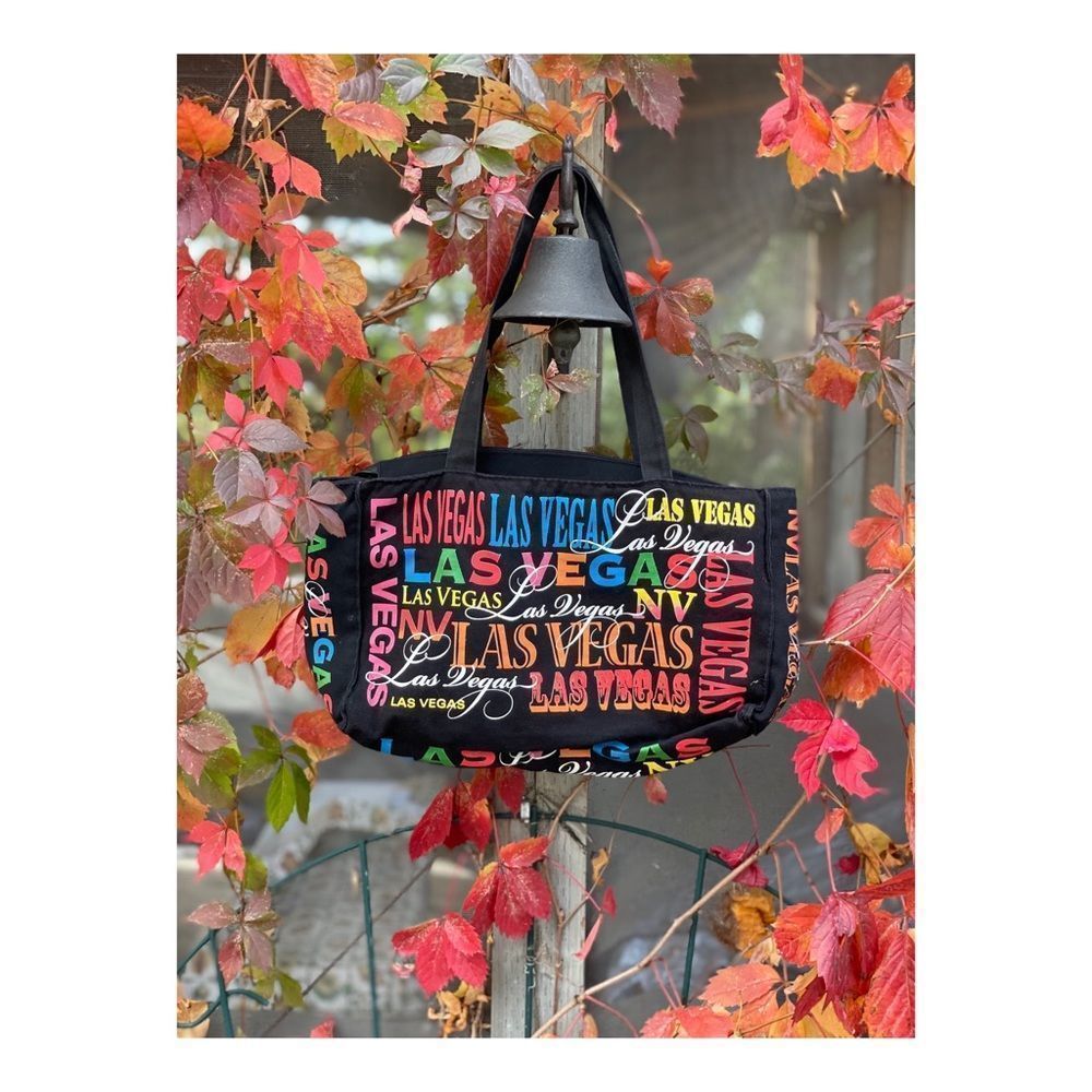 Black Canvas Tote Bag Rainbow Mixed Font Las Vegas Graphic Top Zip Travel